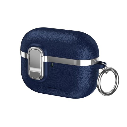 For AirPods Pro 2 Hidden Stand Electroplated Vegan Leather Texture Wireless Earphones Protective Case(Blue)