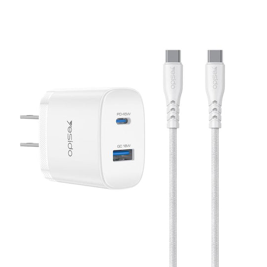 Yesido PD45W USB and Type-C Dual Interface Fast Charger Set, Plug:US Plug(White)