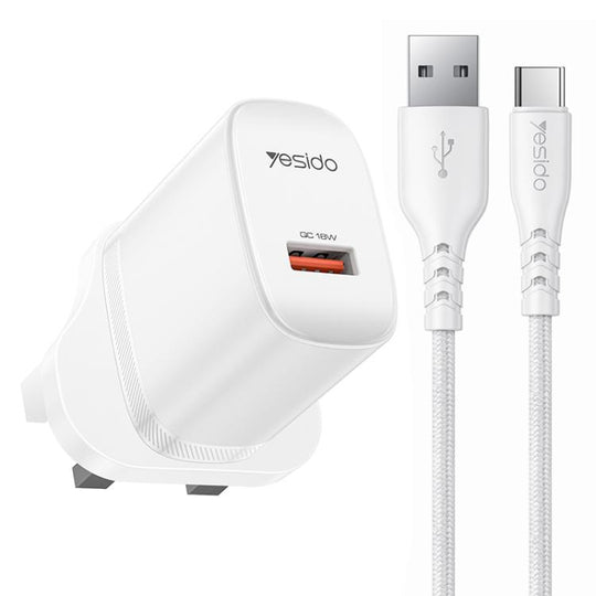 Yesido 18W USB Single Interface Charger Set with USB to Type-C Cable, Plug:UK Plug(White)