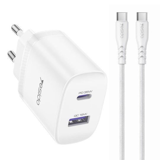 Yesido PD35W Type-C, USB Fast Charger Kit with Type-C to Type-C Cable, Plug:EU Plug(White)
