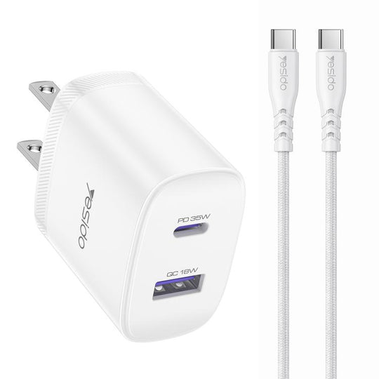 Yesido PD35W Type-C, USB Fast Charger Kit with Type-C to Type-C Cable, Plug:US Plug(White)
