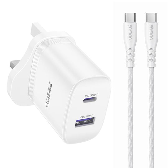 Yesido PD35W Type-C, USB Fast Charger Kit with Type-C to Type-C Cable, Plug:UK Plug(White)