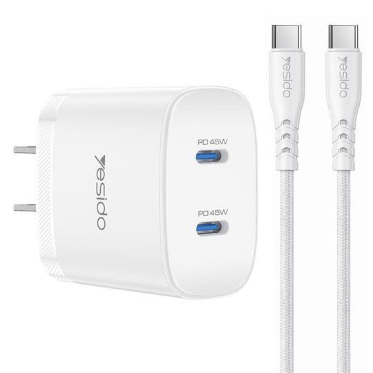 Yesido PD45W Dual Type-C Fast Charger Kit with Type-C to Type-C Cable, Plug:US Plug(White)
