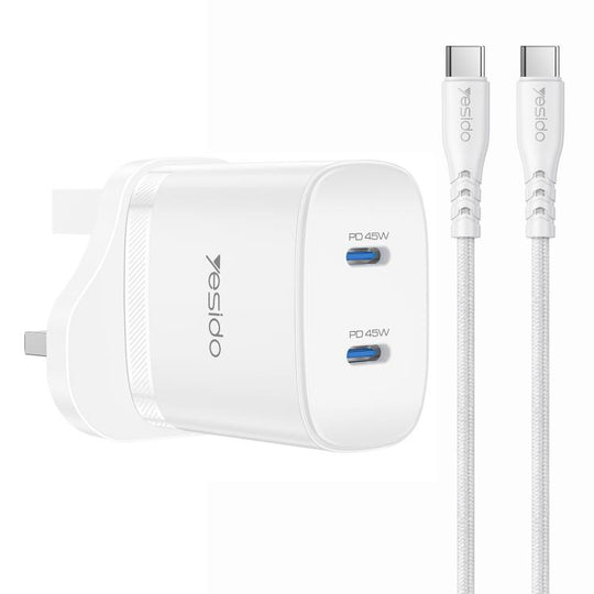 Yesido PD45W Dual Type-C Fast Charger Kit with Type-C to Type-C Cable, Plug:UK Plug(White)