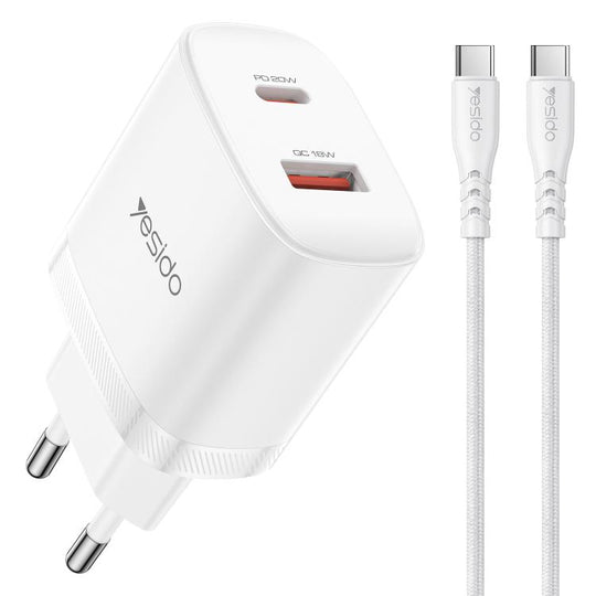 Yesido YC106 PD20W USB-C / Type-C and QC18W USB-A Dual Ports Charger Set with Type-C to Type-C Cable, EU Plug(White)