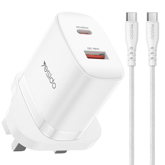 Yesido YC152 PD20W USB-C / Type-C and QC18W USB-A Dual Ports Charger Set with Type-C to Type-C Cable, UK Plug(White)