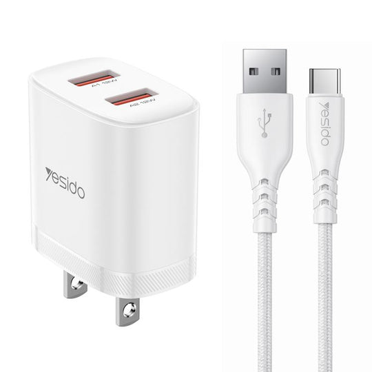 Yesido YC17U 12W 2.4A USB Dual Ports Charger Set with 1m USB to Type-C Data Cable, US Plug(White)