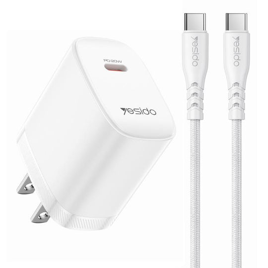 Yesido YC18U PD20W Type-C Charger Set with 1m Type-C to Type-C Data Cable, US Plug(White)