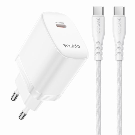 Yesido YC105 PD20W Type-C Charger Set with 1m Type-C to Type-C Data Cable, EU Plug(White)