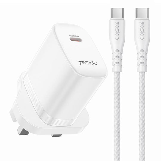 Yesido YC151 PD20W Type-C Charger Set with 1m Type-C to Type-C Data Cable, UK Plug(White)