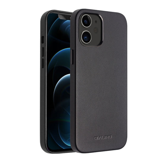 For iPhone 12 / 12 Pro QIALINO Shockproof Cowhide Leather Protective Case(Black)