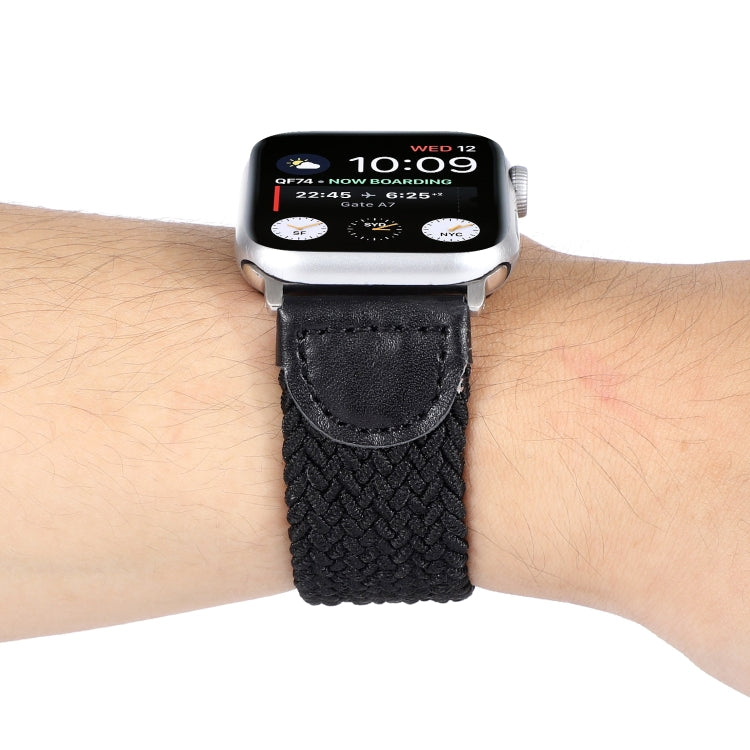 Nylon + Leather Braided Watch Band For Apple Watch Ultra 49mm&Watch Ultra 2 49mm / Series 9&8&7 45mm / SE 3&SE 2&6&SE&5&4 44mm / 3&2&1 42mm, Size:S(Black) by buy2fix