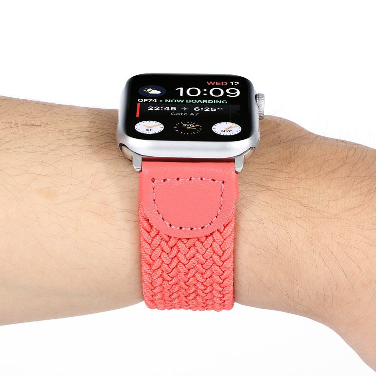 Nylon + Leather Braided Watch Band For Apple Watch Ultra 49mm&Watch Ultra 2 49mm / Series 9&8&7 45mm / SE 3&SE 2&6&SE&5&4 44mm / 3&2&1 42mm, Size:S(Rose Red) by buy2fix