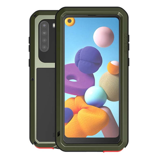 For Samsung Galaxy A21 (US Version) LOVE MEI Metal Shockproof Waterproof Dustproof Protective Case with Glass(Army Green)