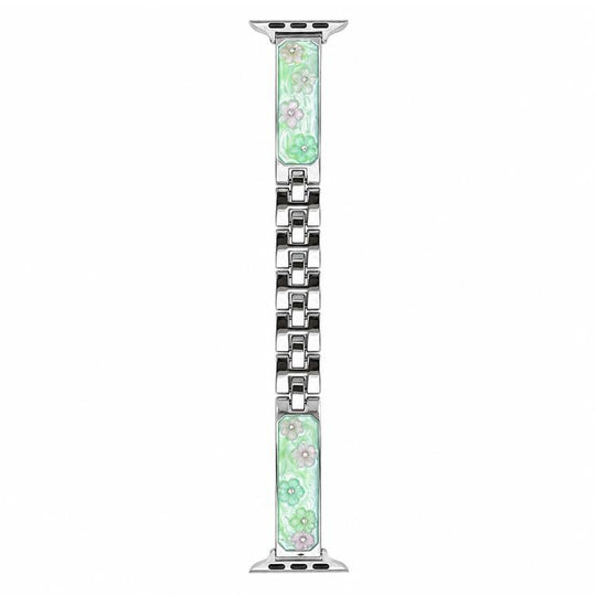 For Apple Watch 42 / 44 / 45 / 46 / 49mm xDfind Floral Epoxy Metal Bracelet Strap Watch Band(Silver Green)
