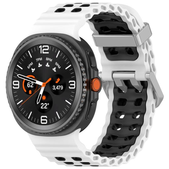 For Galaxy Watch9 / 8 / 8 Classic Ocean Two Color Dual-Row Hole Silver Buckle Silicone Watch Band(White Black)