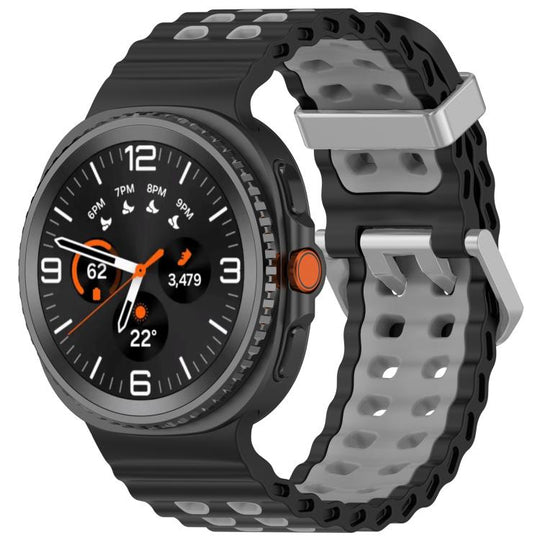 For Galaxy Watch9 / 8 / 8 Classic Ocean Two Color Dual-Row Hole Silver Buckle Silicone Watch Band(Black Grey)