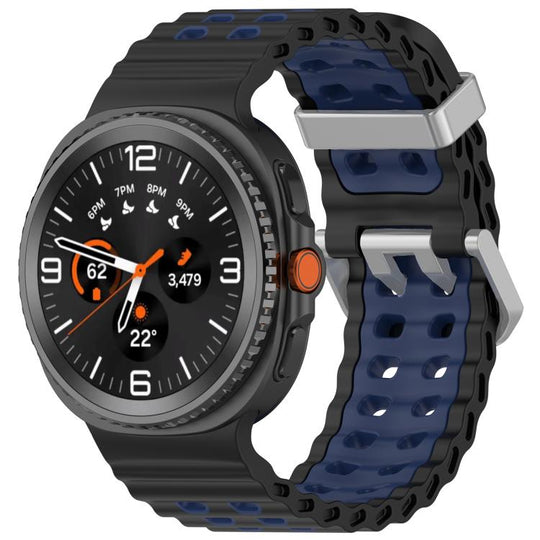 For Galaxy Watch9 / 8 / 8 Classic Ocean Two Color Dual-Row Hole Silver Buckle Silicone Watch Band(Black Blue)