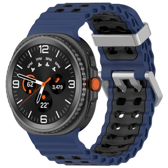 For Galaxy Watch9 / 8 / 8 Classic Ocean Two Color Dual-Row Hole Silver Buckle Silicone Watch Band(Blue Black)