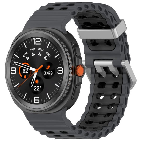 For Galaxy Watch9 / 8 / 8 Classic Ocean Two Color Dual-Row Hole Silver Buckle Silicone Watch Band(Coal Black)