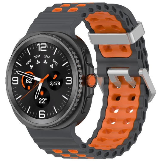 For Galaxy Watch9 / 8 / 8 Classic Ocean Two Color Dual-Row Hole Silver Buckle Silicone Watch Band(Gray Orange)