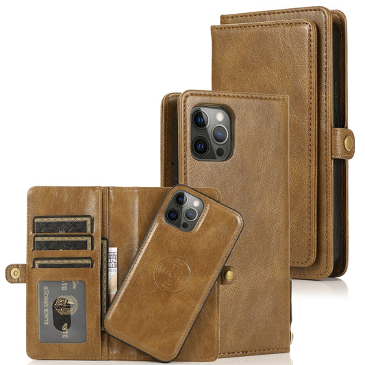 For iPhone 12 / 12 Pro Multiple Card Slots Detachable Magnetic Horizontal Flip Leather Case with Card Slots & Holder & Wallet(Brown) - iPhone 12 / 12 Pro Cases by buy2fix | Online Shopping UK | buy2fix
