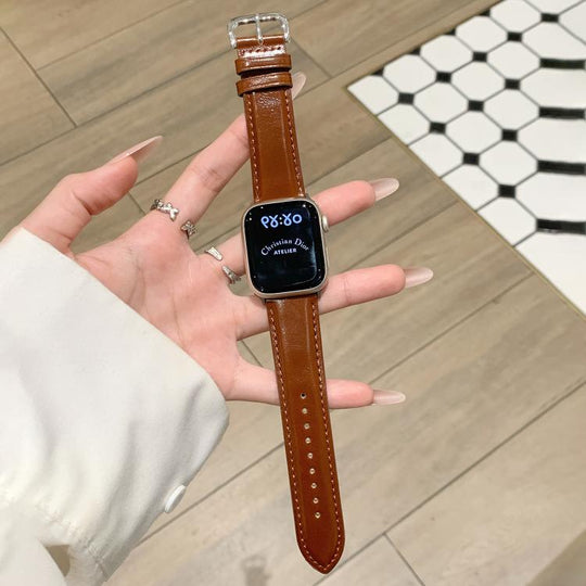 For Apple Watch 46mm / 49mm / 45mm / 44mm Oil Waxed Genuine Leather Pin Buckle Watch Band(Dark Brown)