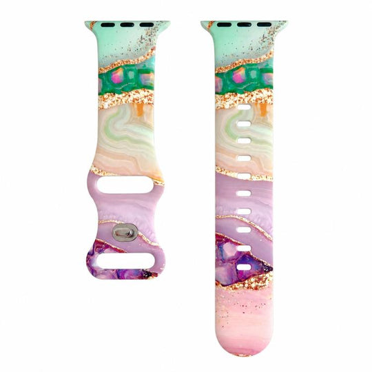 For Apple Watch 46mm / 49mm / 45mm / 44mm Painted Marble Print Reverse Buckle Silicone Watch Band(Purple Green)