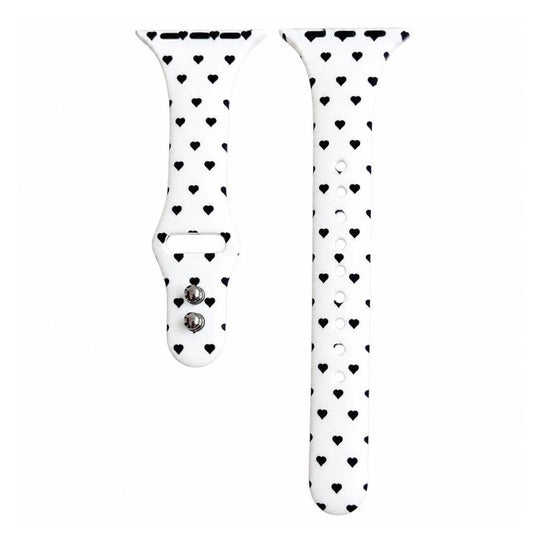 For Apple Watch 46mm / 49mm / 45mm / 44mm Slim Printed Reverse Buckle Silicone Watch Band(Black Heart on White)