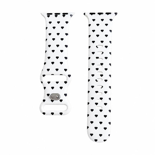 For Apple Watch 46mm / 49mm / 45mm / 44mm Printed Reverse Buckle Silicone Watch Band(Black Heart on White)