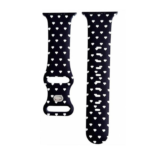 For Apple Watch 42mm / 41mm / 40mm / 38mm Printed Reverse Buckle Silicone Watch Band(White Heart on Black)