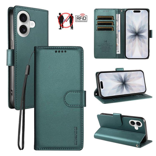 For iPhone 18 BETOPNICE Pearlescent RFID Vegan Leather Phone Case with Strap(Green)