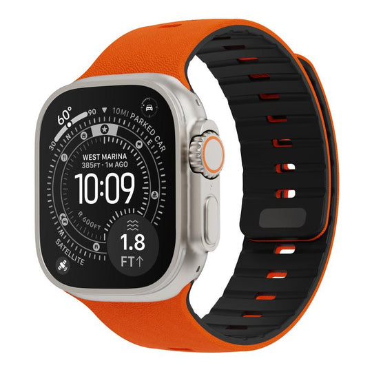 For Apple Watch 46mm / 49mm / 45mm / 44mm Sunray Textured Nail Clasp Magnetic Silicone Watch Band(Orange Black)