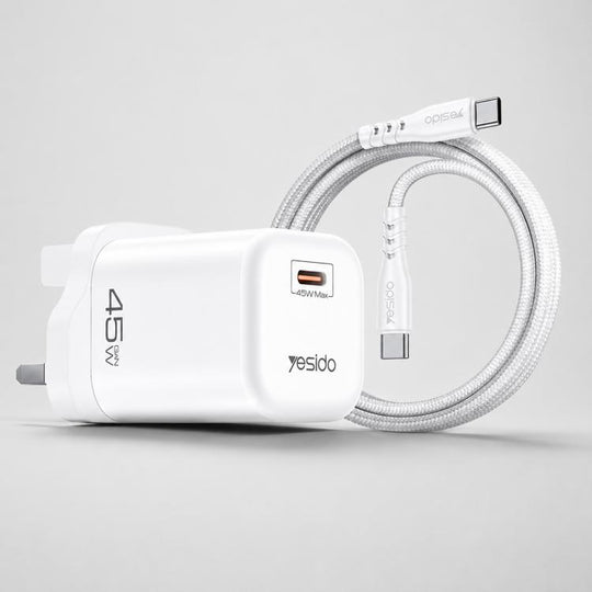 Yesido YC160 PD45W GaN Type-C Fast Charger with Type-C to Type-C Cable, Plug:UK Plug(White)