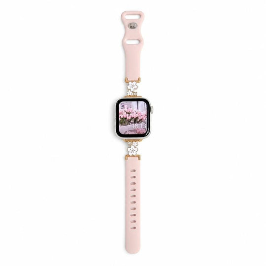 For Apple Watch 46mm / 49mm / 45mm / 44mm Metal Floral Hybrid Reverse Clasp Silicone Watch Band(Gold White+Pink)
