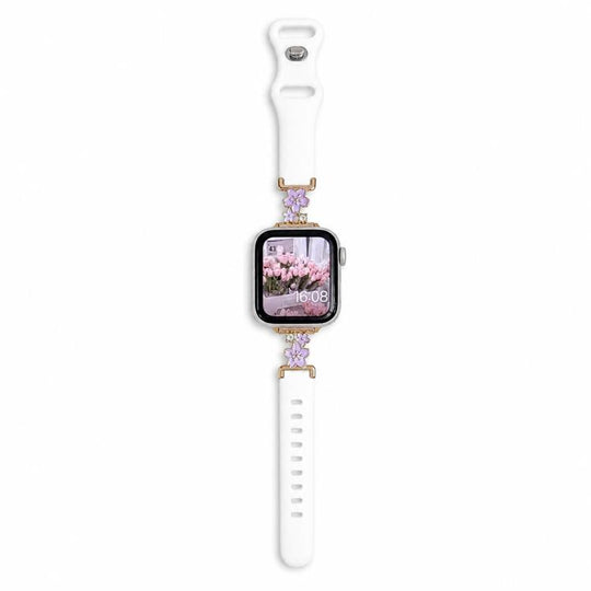 For Apple Watch 46mm / 49mm / 45mm / 44mm Metal Floral Hybrid Reverse Clasp Silicone Watch Band(Gold Purple+White)
