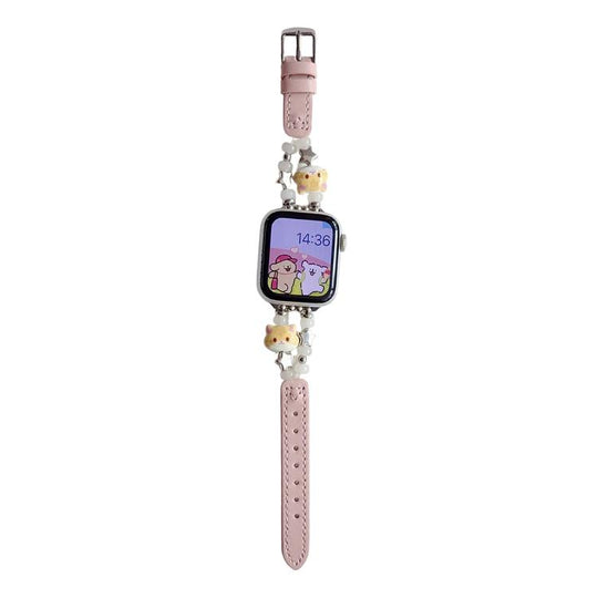 For Apple Watch 46mm / 49mm / 45mm / 44mm Cute Cat Jade Beads Hybrid Vegan Leather Watch Band(Pink)