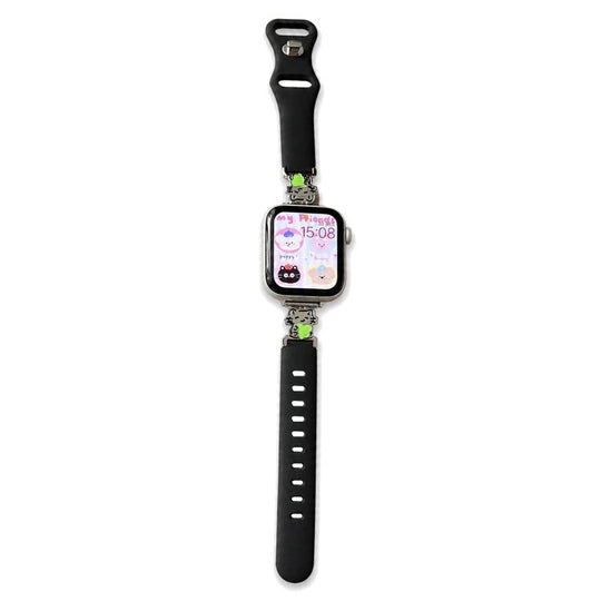 For Apple Watch 46mm / 49mm / 45mm / 44mm Metal Cartoon Hybrid Black Silicone Watch Band(Green Cat)