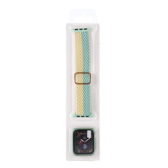For Apple Watch Series 9 / 8 / 7 41mm Adjustable Striped Woven Nylon Watch Band + Watch Case Set(Pink Green)