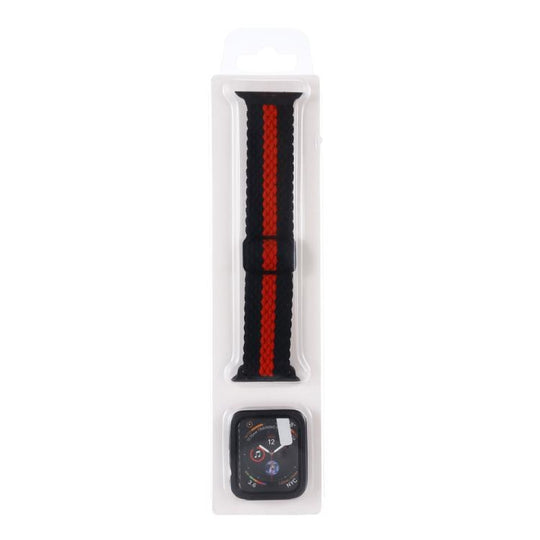 For Apple Watch Series 9 / 8 / 7 41mm Adjustable Striped Woven Nylon Watch Band + Watch Case Set(Black Red)