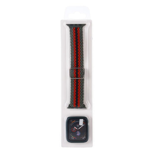 For Apple Watch Series 9 / 8 / 7 41mm Adjustable Striped Woven Nylon Watch Band + Watch Case Set(Green Red Black)