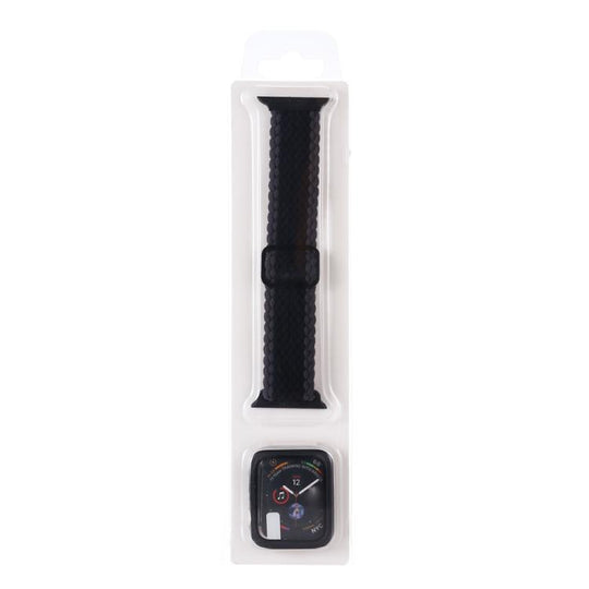 For Apple Watch Series 9 / 8 / 7 45mm Adjustable Striped Woven Nylon Watch Band + Watch Case Set(Black)