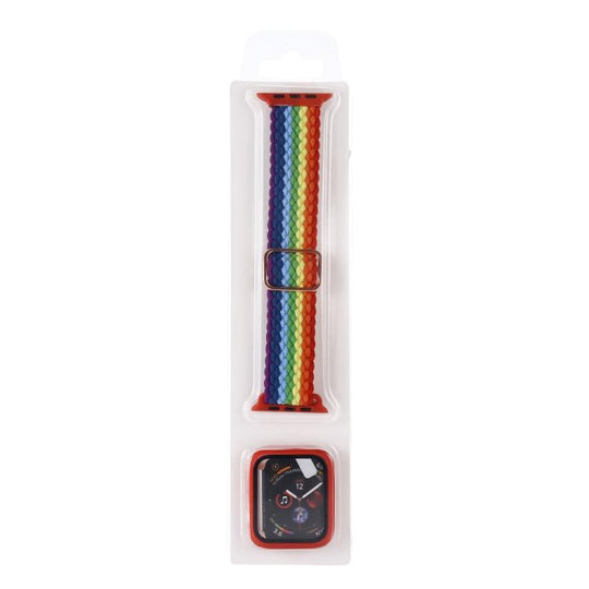 For Apple Watch Series 9 / 8 / 7 45mm Adjustable Striped Woven Nylon Watch Band + Watch Case Set(Colorful)