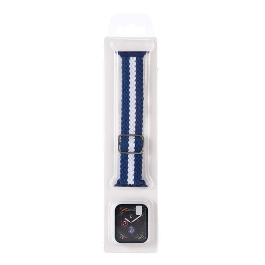 For Apple Watch Series 9 / 8 / 7 45mm Adjustable Striped Woven Nylon Watch Band + Watch Case Set(Blue White)