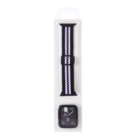 For Apple Watch Series 9 / 8 / 7 45mm Adjustable Striped Woven Nylon Watch Band + Watch Case Set(Black White Purple)