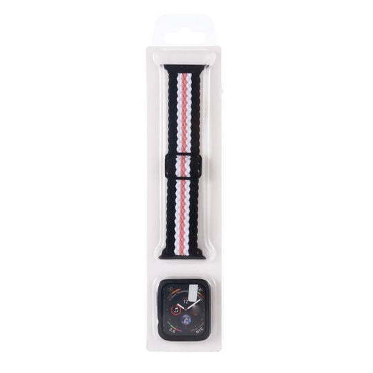 For Apple Watch Series 11 / 10 46mm Adjustable Striped Woven Nylon Watch Band + Watch Case Set(Black White Pink)