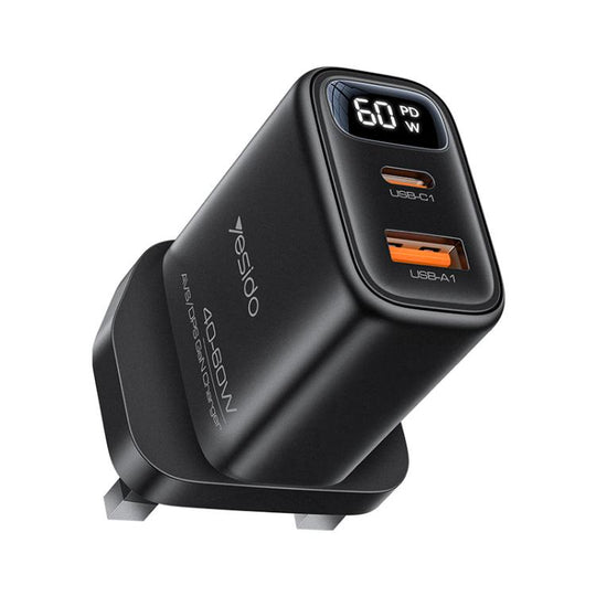 Yesido YC165 40-60W Dual Interface Digital Display Charger, Plug:UK Plug(Black)
