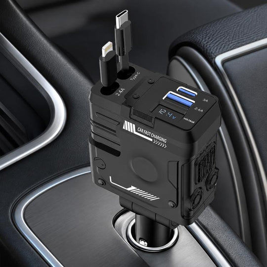 Type-C, USB-A Dual Port Mecha Style Car Charger with Type-C and 8 Pin Retractable Cable(Black)