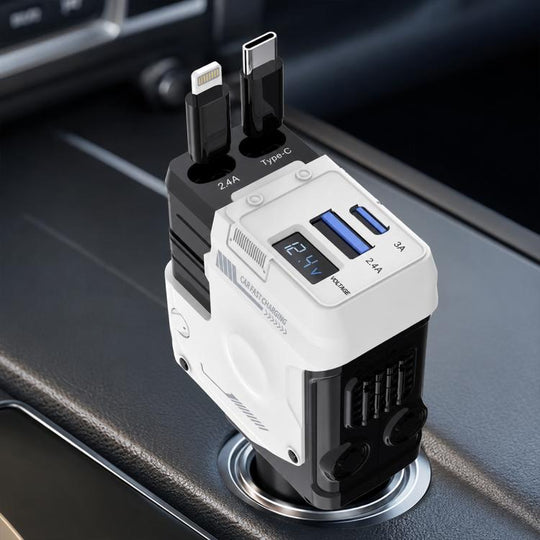 Type-C, USB-A Dual Port Mecha Style Car Charger with Type-C and 8 Pin Retractable Cable(White)