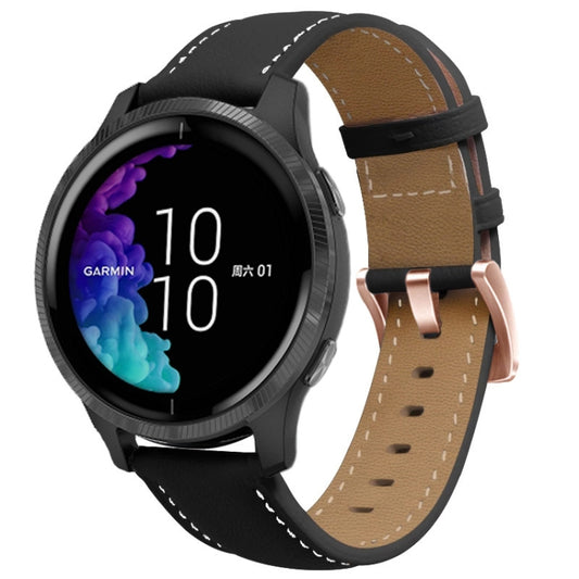 For Garmin Forerunner 265S / 255S / Venu 2S 18mm Rose Gold Buckle Genuine Leather Watch Band (Black) - Watch Bands by buy2fix | Online Shopping UK | buy2fix
